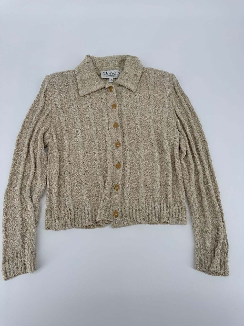 St. John Collection by Marie Gray Beige Gold Metallic Knit Collared Cardigan  2